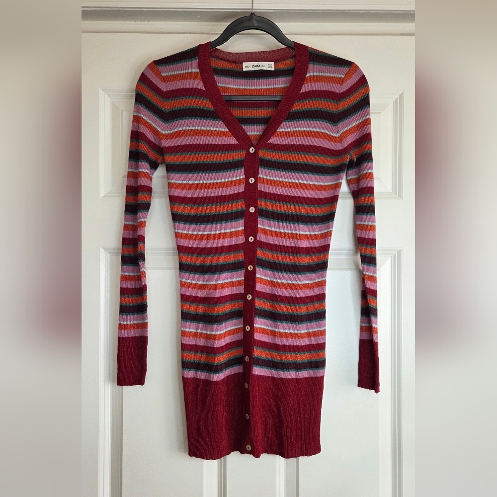 Zara Red Multi-Color Striped Shimmer Thread Cardigan - Size S - Picture 2 of 6